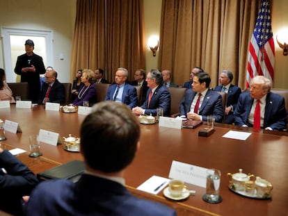 Elon Musk speaks as U.S. President Donald Trump hosts his first cabinet meeting, Washington, D.C.,  U.S., February 26, 2025. REUTERS/Brian Snyder