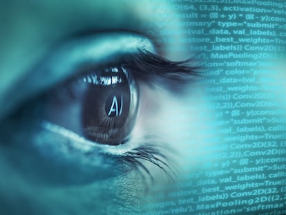 Imagen de un ojo humano con las letras "AI" (Inteligencia Artificial) y lenguaje de programación reflejado en su superficie.