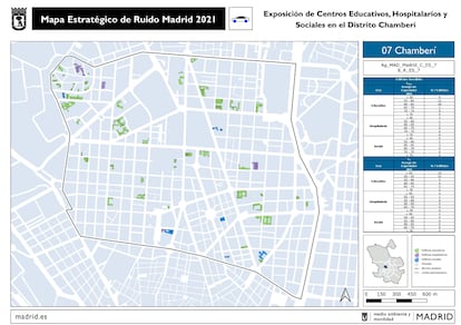 Mapa del ruido que sufren los colegios, hospitales y centros sociales de Chamberí.