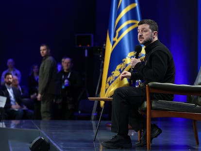 Volodímir Zelenski, presidente de Ucrania, durante su comparecencia de este domingo en Kiev