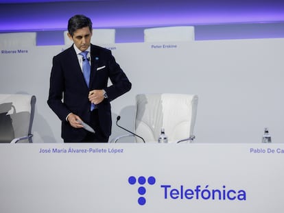 El presidente de Telefonica, José María Álvarez-Pallete, en la  última junta de accionistas de la compañía.