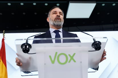 El líder de Vox, Santiago Abascal, en rueda de prensa del partido el pasado mes de febrero.