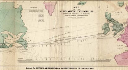 Mapa del primer cable submarino para telégrafo que unió Europa y América en 1858.