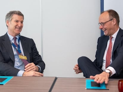 El presidente del PP, Alberto Núñez Feijóo, se reúne con el futuro canciller alemán, Friedrich Merz, en Bruselas, en el marco de la cumbre del Partido Popular Europeo (PPE), este jueves.