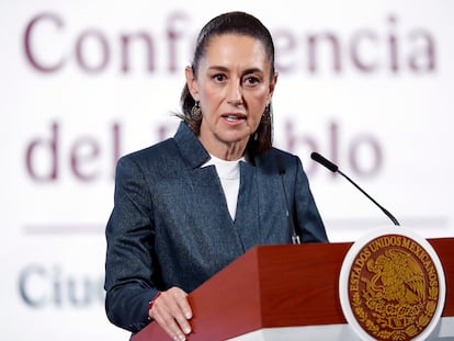 Claudia Sheinbaum este lunes en la conferencia de prensa diaria en el Palacio Nacional.