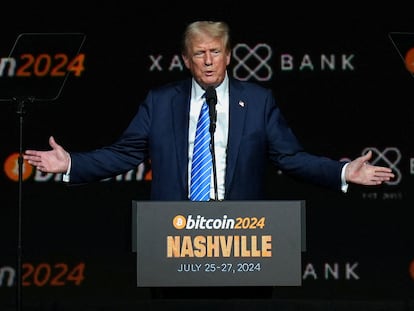 Donald Trump, durante un acto de apoyo a las criptomonedas en julio de 2024.