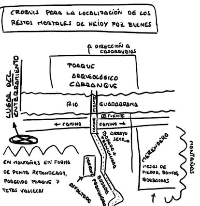 Croquis que incluye César Román en un escrito en el que detalla la localización de los restos de su pareja, asesinada en 2018.