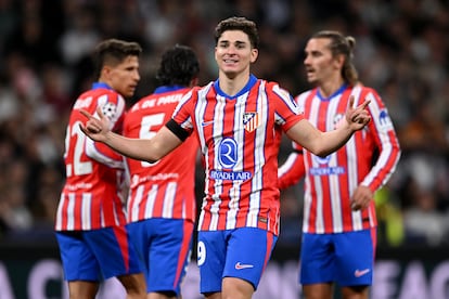 Julián Alvarez celebra su gol al Real Madrid en la ida de los octavos de final de la Champions