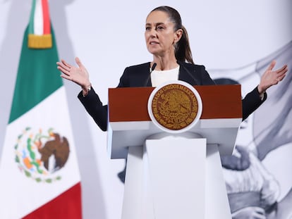 Claudia Sheinbaum en conferencia de prensa, este miércoles en Palacio Nacional.