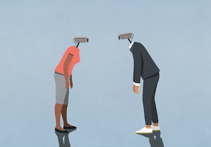 Man and woman with surveillance camera faces face to face