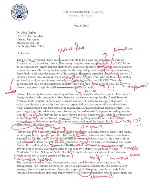 Secretaria de Educación de EE.UU. manda una carta a Harvard llena de faltas gramaticales - carta-m