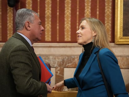 qwvpjcx25raxrd376a5sl7slty El alcalde de Sevilla, José Luis Sanz,, y la portavoz municipal de Vox, Cristiana Peláez, tras el pleno extraordinario para la aprobación del presupuesto de la ciudad.
