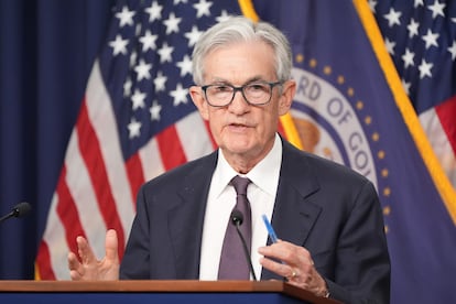 El presidente de la Reserva Federal, Jerome Powell, en la rueda de prensa posterior a la reunión de política monetaria del 7 de mayo.