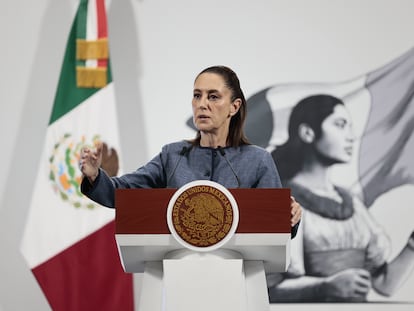 Claudia Sheinbaum durante la conferencia de prensa matutina, en Palacio Nacional.