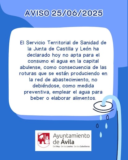 kzcajmpehnegxjoiw7xl3atjaa Aviso publicado por el Ayuntamiento de Ávila para informar de que el agua no es apta para consumo.