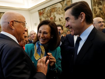 Ana Botín, presidenta del Santander, Josep Oliu, presidente del Sabadell y Carlos Torres, presidente del BBVA.