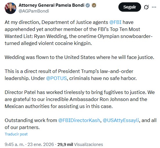 EE.UU. agradece a México apoyo en la captura de Ryan Wedding, narcotraficante buscado por el FBI - agradecimiento-de-eeuu-a-mexico-por-la-detencion-de-ryan-wedding