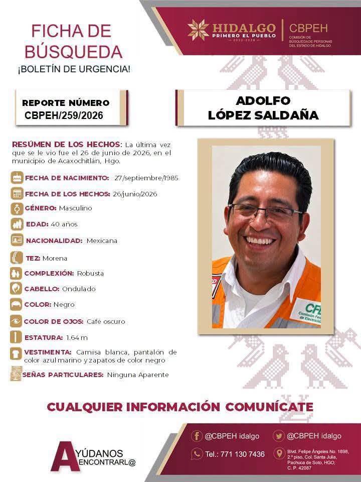 Desaparecen empleados de CFE en Hidalgo; hallan abandonadas sus camionetas - adolfo-lopez-saldana