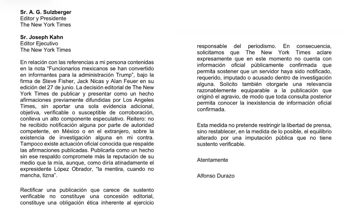 NYT afirma que Alfonso Durazo es investigado por EE.UU.; gobernador responde a la publicación - carta-de-alfonso-durazo-a-the-new-york-times